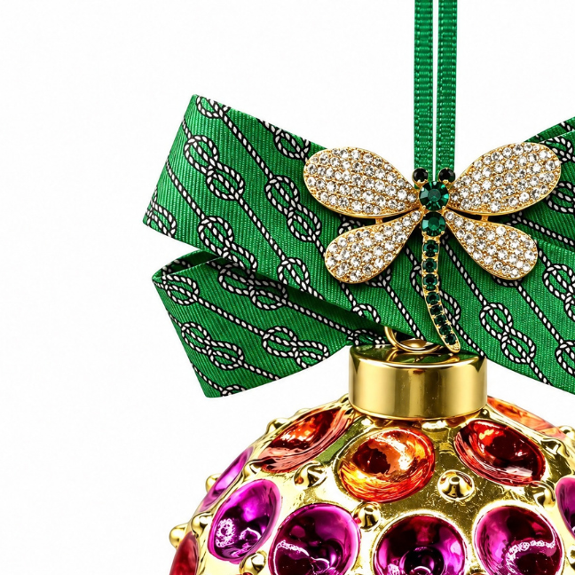 Rope Print Green Dragonfly Vintage Silk Necktie Christmas Ornament