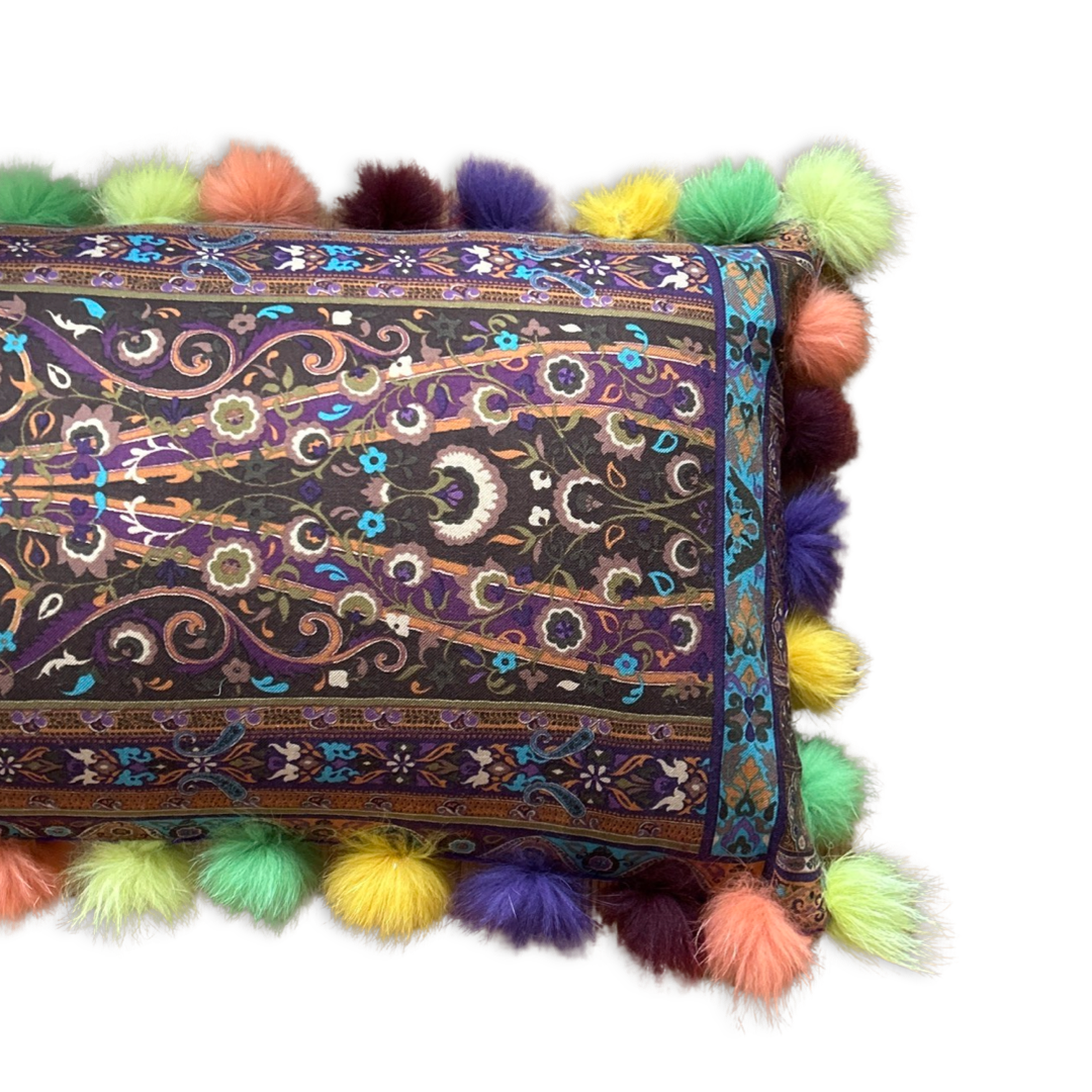 Paisley Vintage Wool & Silk Scarf Fox Trim Lumbar Pillow 50"