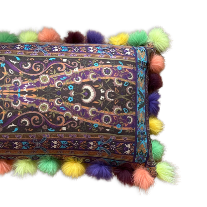 Paisley Vintage Wool & Silk Scarf Fox Trim Lumbar Pillow 50"