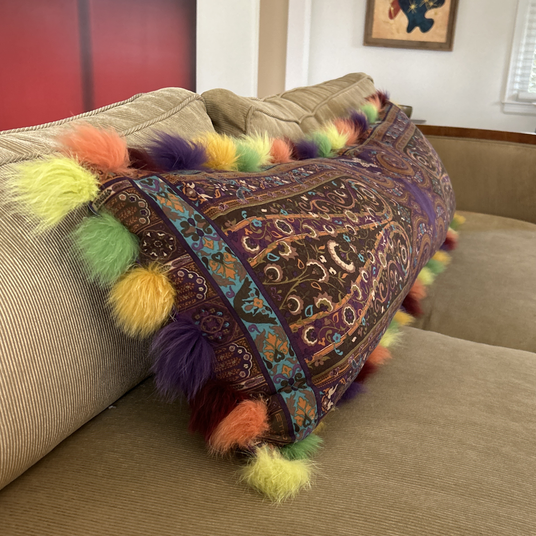 Paisley Vintage Wool & Silk Scarf Fox Trim Lumbar Pillow 50"