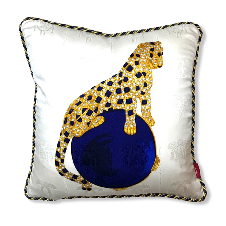 Panthère Royal Blue Silk Scarf Pillows 22"