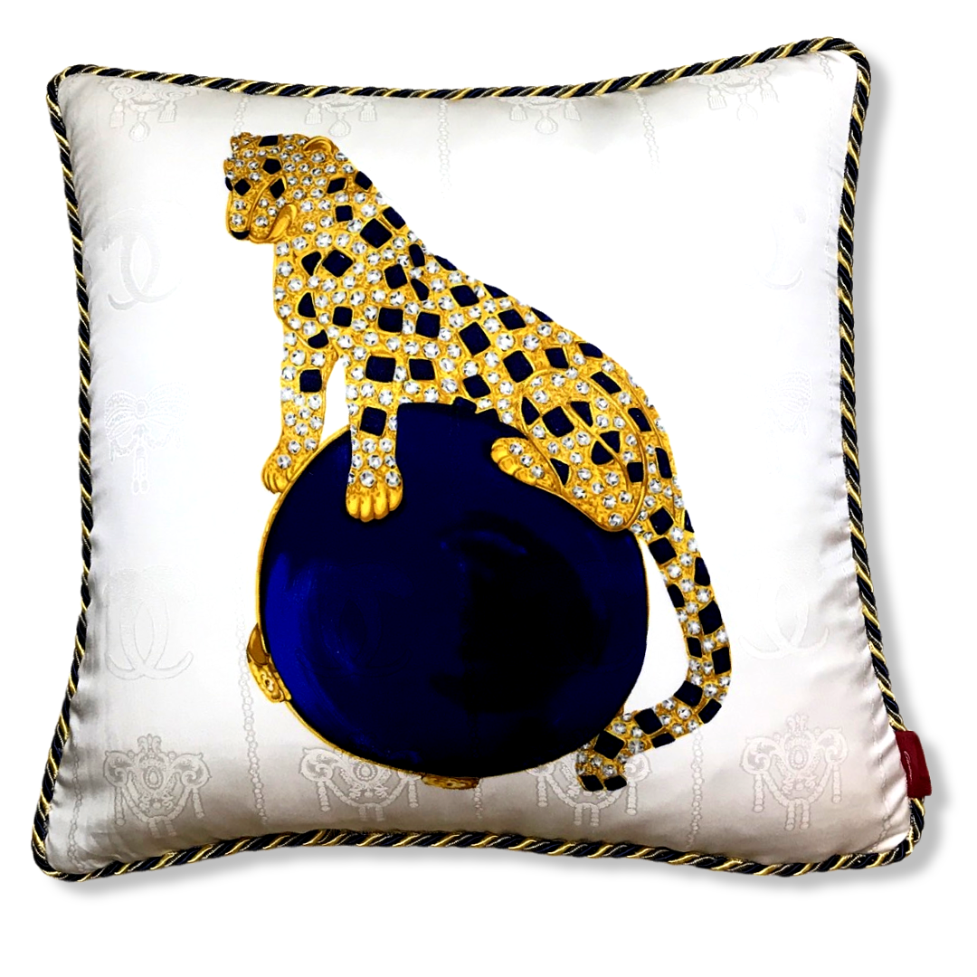 Panthère Royal Blue Silk Scarf Pillows 22"