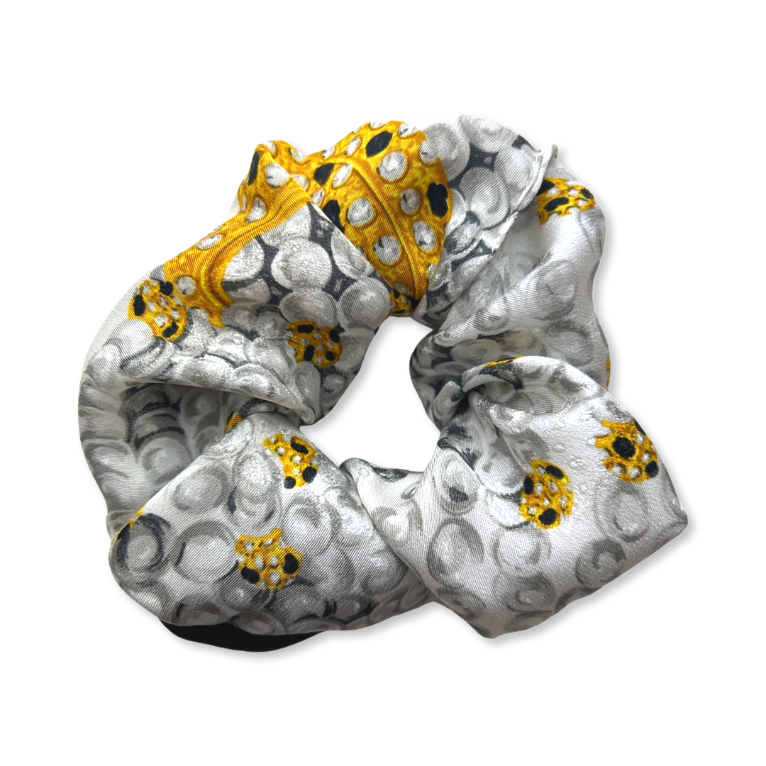 Vintage Cartier Scarf Scrunchie -Panthere Royal Pearls Silk Scarf Hair Scrunchie at Vintage Luxe Up