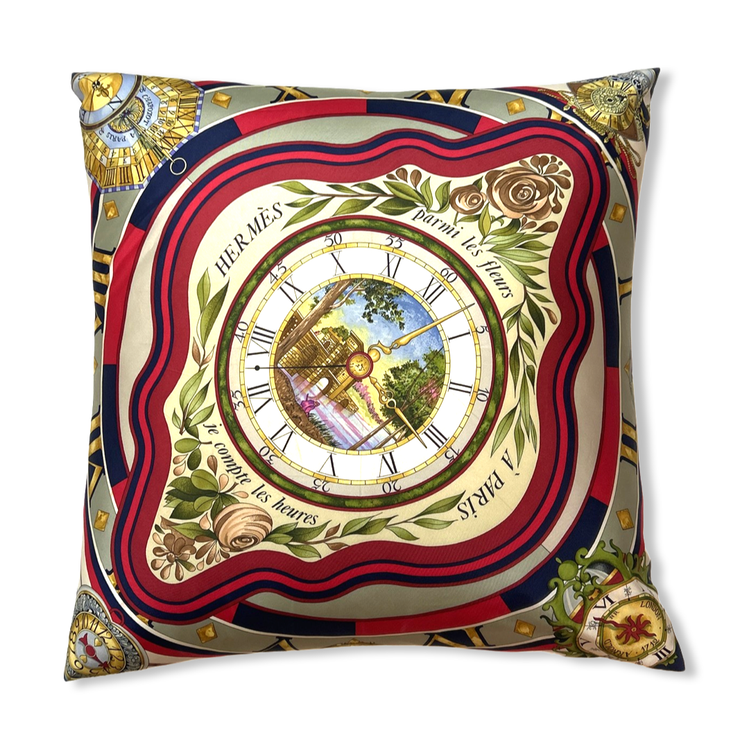 Vintage Hermes Pillow Parmi les Fleurs Je Compte les Heures Vintage Silk Scarf Pillow 24" at Vintage Luxe Up