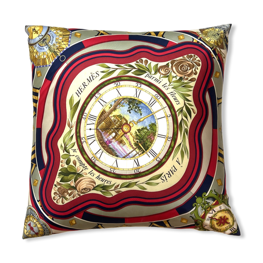 Vintage Hermes Pillow Parmi les Fleurs Je Compte les Heures Vintage Silk Scarf Pillow 24" at Vintage Luxe Up