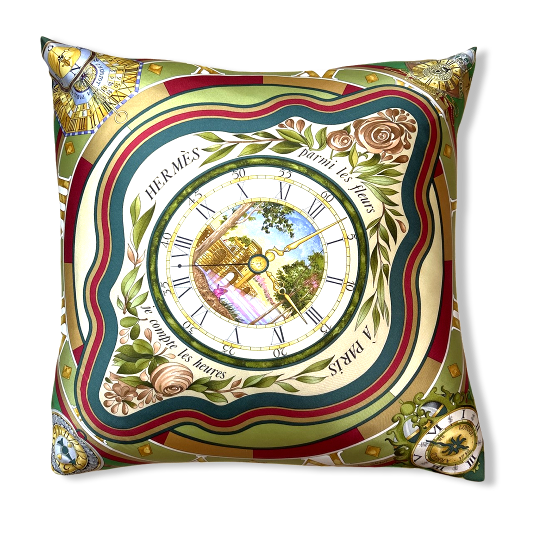 Vintage Hermes Pillow Parmi les Fleurs Je Compte les Heures Vintage Silk Scarf Pillow 24" at Vintage Luxe Up