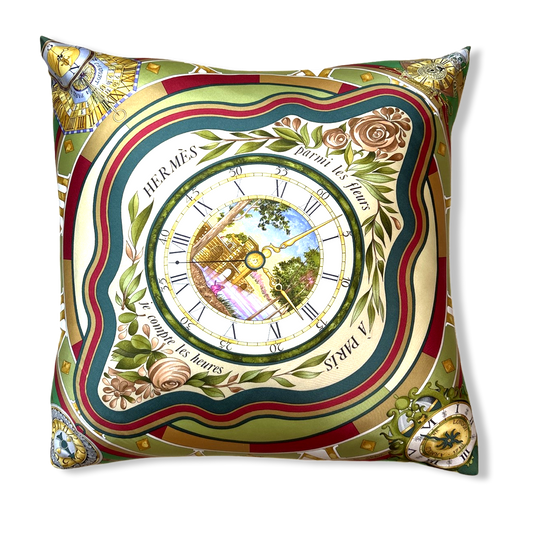 Vintage Hermes Pillow Parmi les Fleurs Je Compte les Heures Vintage Silk Scarf Pillow 24" at Vintage Luxe Up