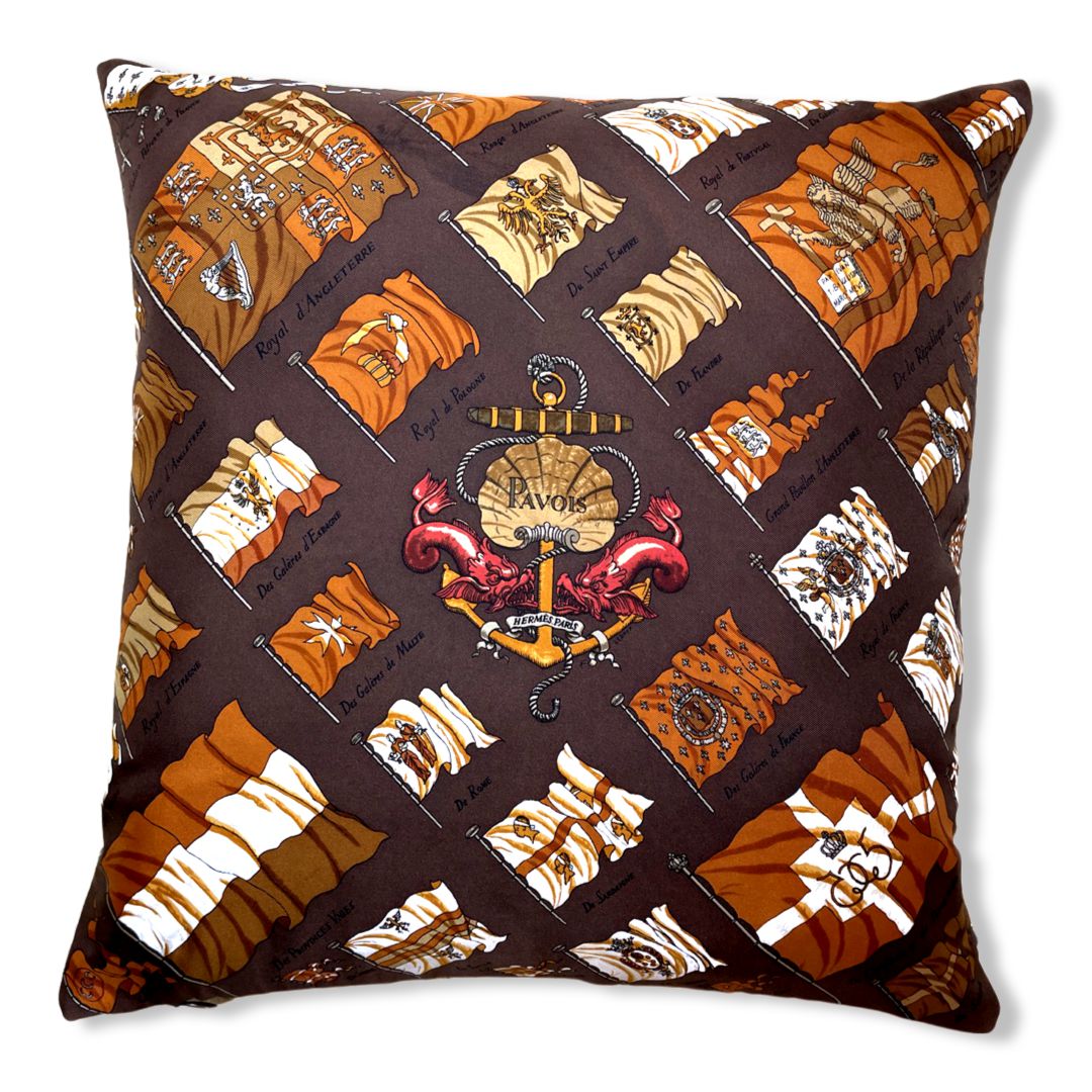 Vintage Hermes Pillow Pavois Brown Vintage Silk Scarf Pillow 17" at Vintage Luxe Up