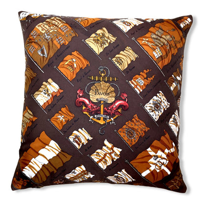 Vintage Hermes Pillow Pavois Brown Vintage Silk Scarf Pillow 17" at Vintage Luxe Up