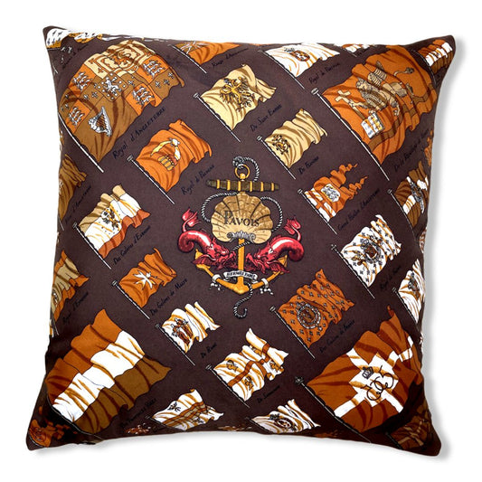 Vintage Hermes Pillow Pavois Brown Vintage Silk Scarf Pillow 17" at Vintage Luxe Up