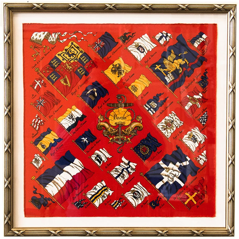 Framed Hermes Scarf Pavois Framed Vintage Silk Scarf 20" Vintage Hermes at Vintage Luxe Up