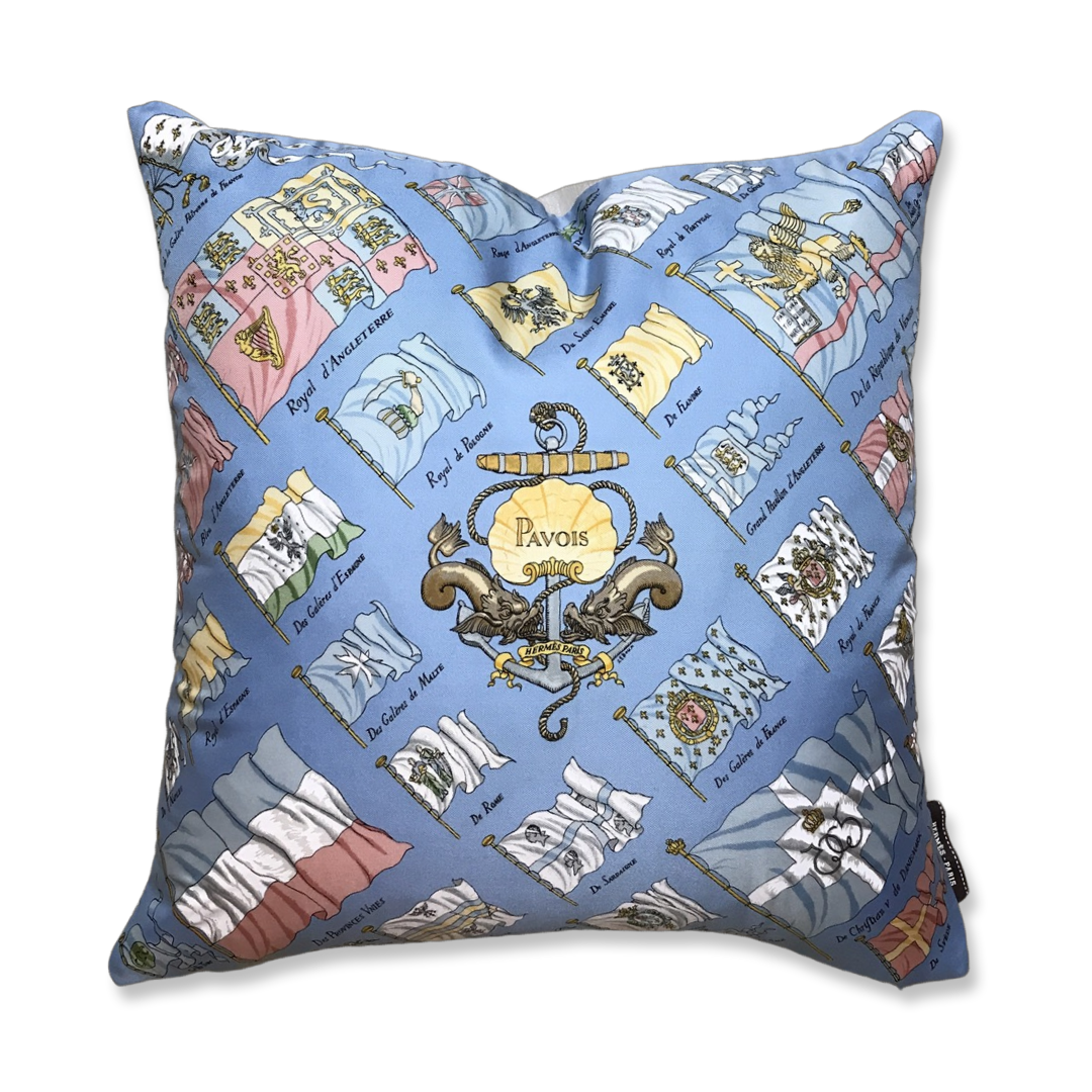 Vintage Hermes Pillow Pavois Light Blue Vintage Silk Scarf Pillow 17" at Vintage Luxe Up