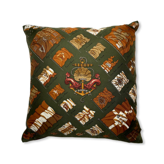 Vintage Hermes Pillow Pavois Olive Silk Pocket Square Pillow 17" at Vintage Luxe Up