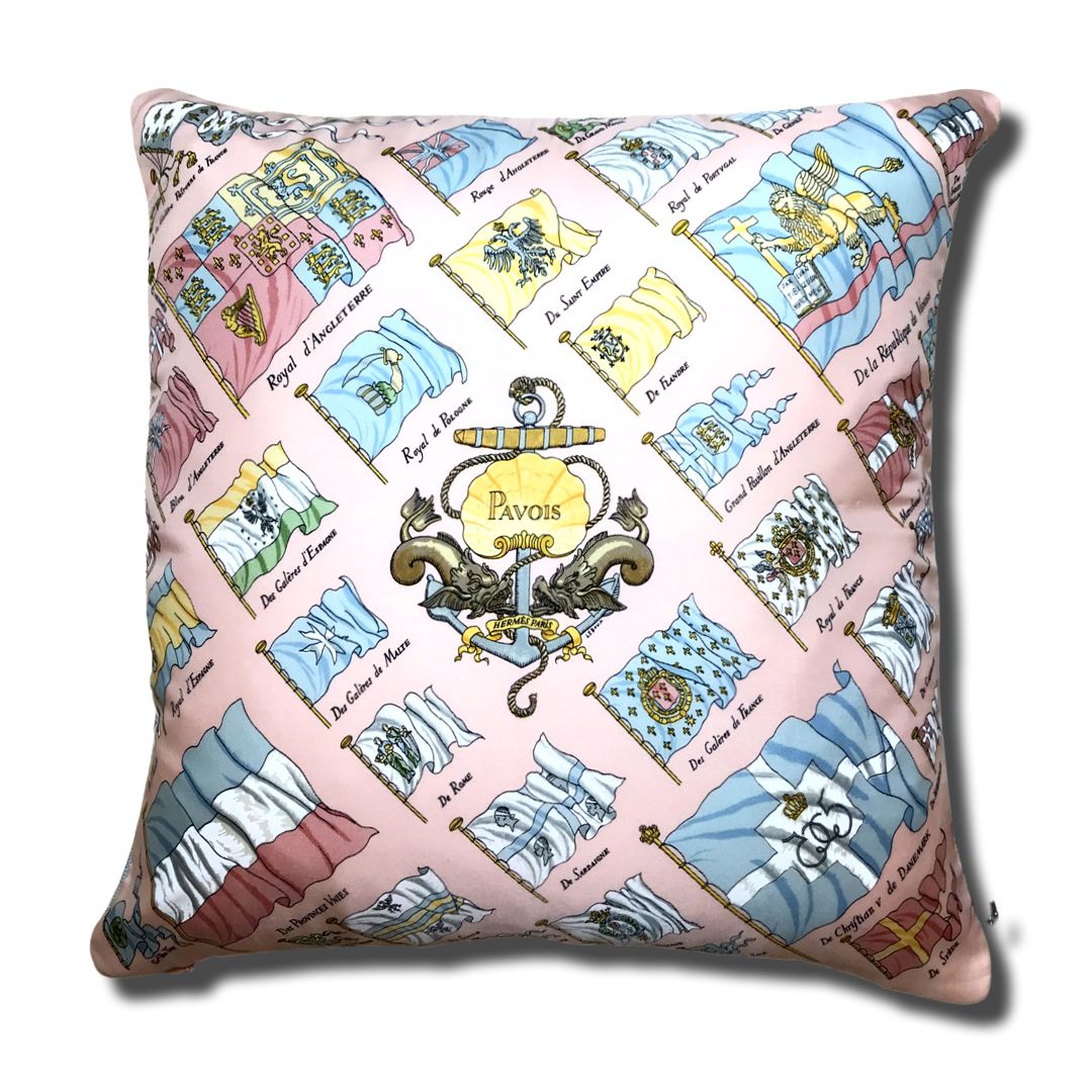Vintage Hermes Pillow Pavois Rose Vintage Silk Scarf Pillow 17" at Vintage Luxe Up