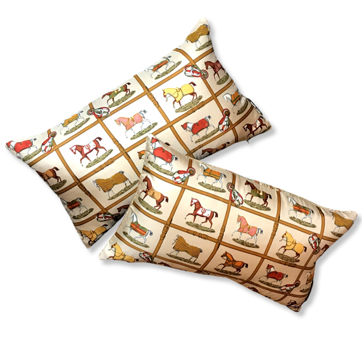 Petits Chevaux Beige Vintage Silk Scarf Pillows