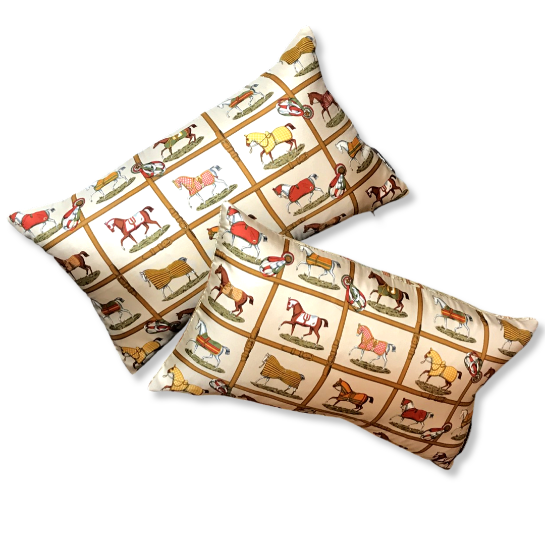 Petits Chevaux Beige Vintage Silk Scarf Pillows