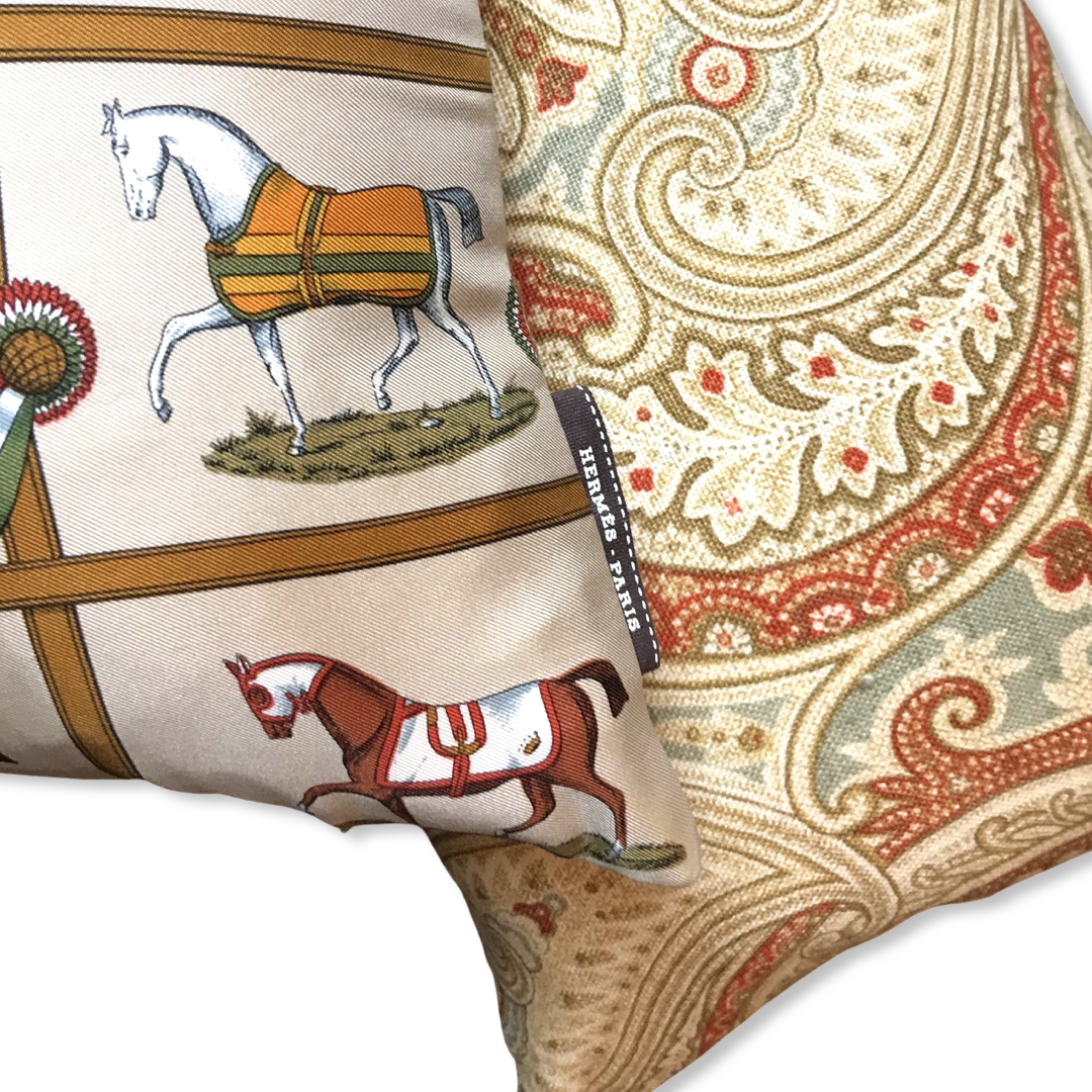 Petits Chevaux Beige Vintage Silk Scarf Pillows