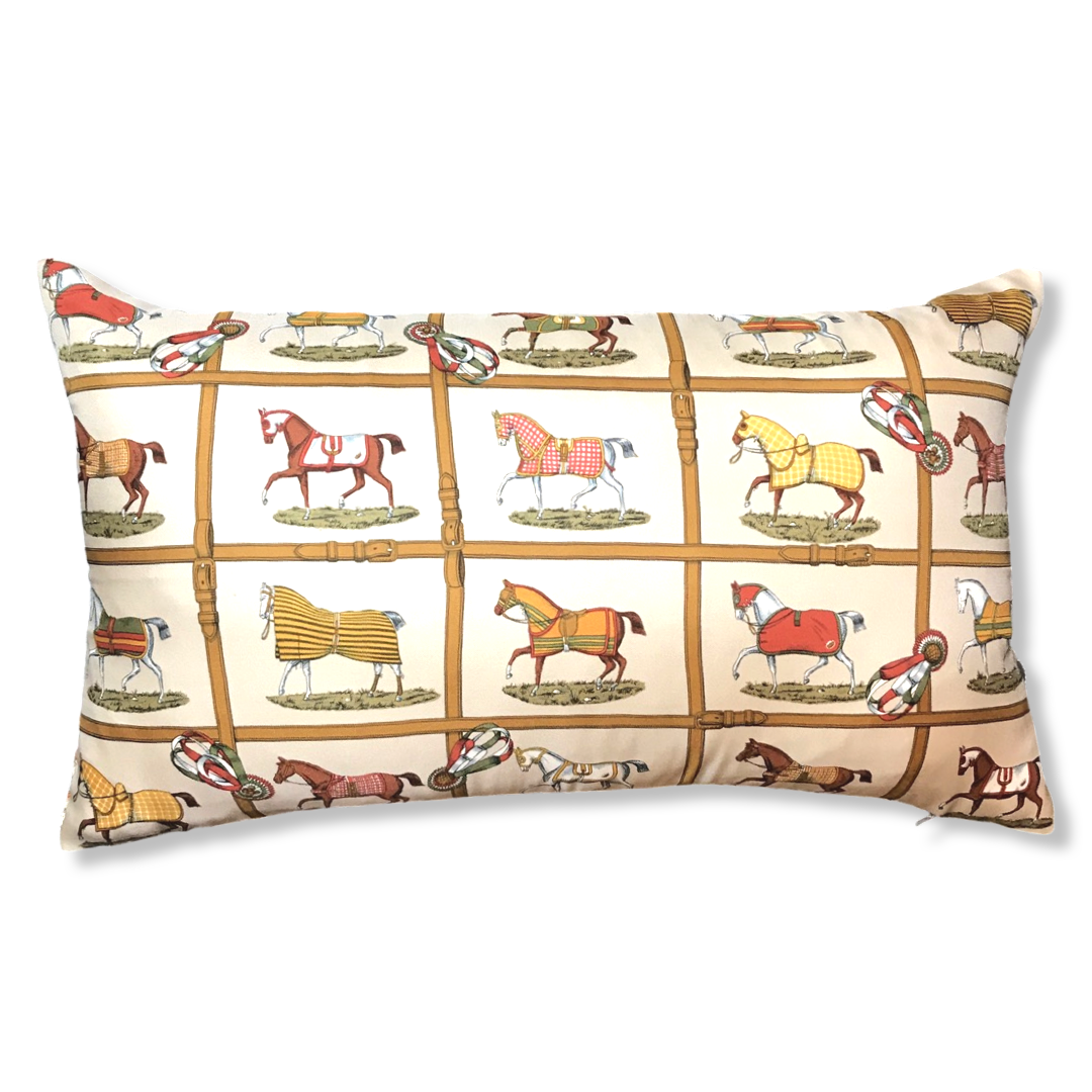 Petits Chevaux Beige Vintage Silk Scarf Pillows