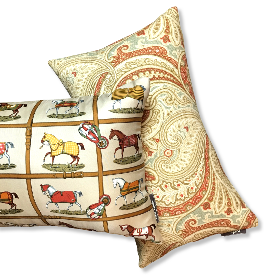 Petits Chevaux Beige Vintage Silk Scarf Pillows