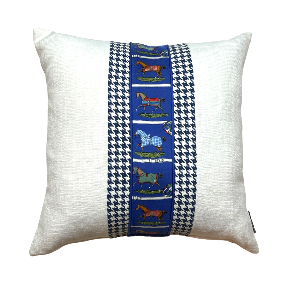 Petits Chevaux Blue Houndstooth Vintage Silk Scarf Pillows