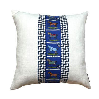 Petits Chevaux Blue Houndstooth Vintage Silk Scarf Pillows