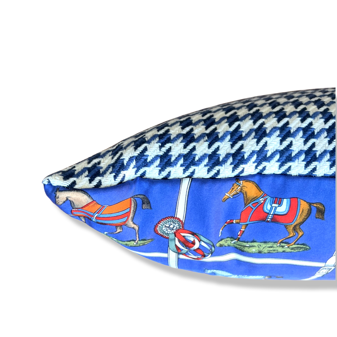 Petits Chevaux Blue Houndstooth Vintage Silk Scarf Pillows