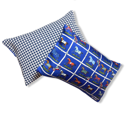 Petits Chevaux Blue Houndstooth Vintage Silk Scarf Pillows