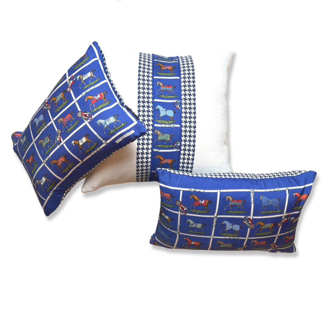 Vintage Hermes Pillow Petits Chevaux Blue Houndstooth Vintage Silk Scarf Pillows at Vintage Luxe Up