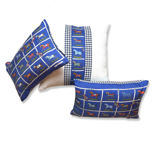 Vintage Hermes Pillow Petits Chevaux Blue Houndstooth Vintage Silk Scarf Pillows at Vintage Luxe Up