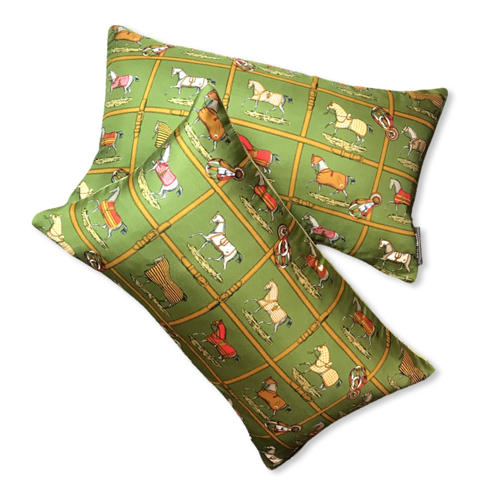 Petits Chevaux Green Tartan Vintage Silk Scarf Pillows