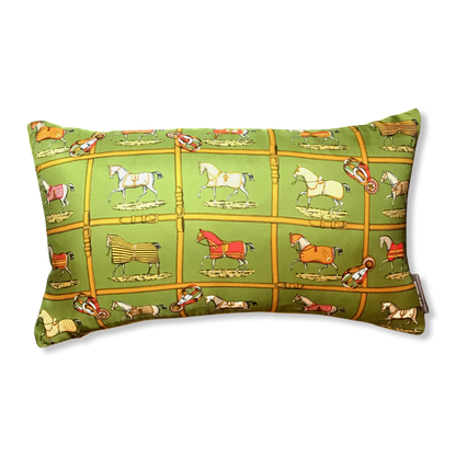 Petits Chevaux Green Tartan Vintage Silk Scarf Pillows