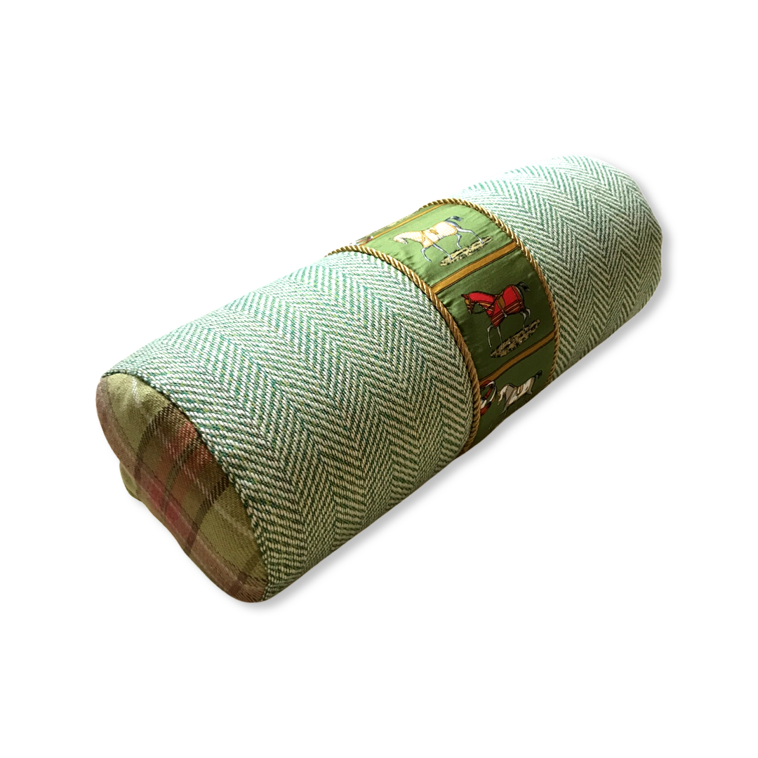 Petits Chevaux Green Tartan Vintage Silk Scarf Pillows
