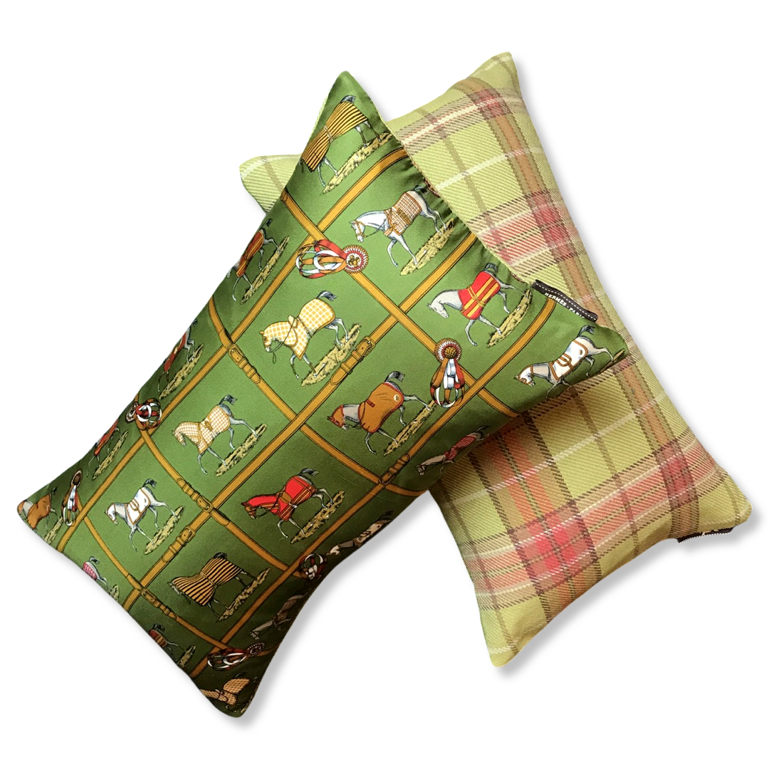 Petits Chevaux Green Tartan Vintage Silk Scarf Pillows