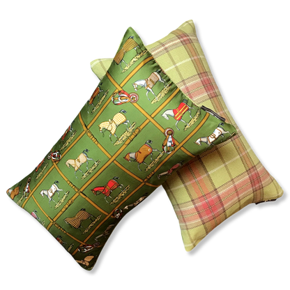 Petits Chevaux Green Tartan Vintage Silk Scarf Pillows