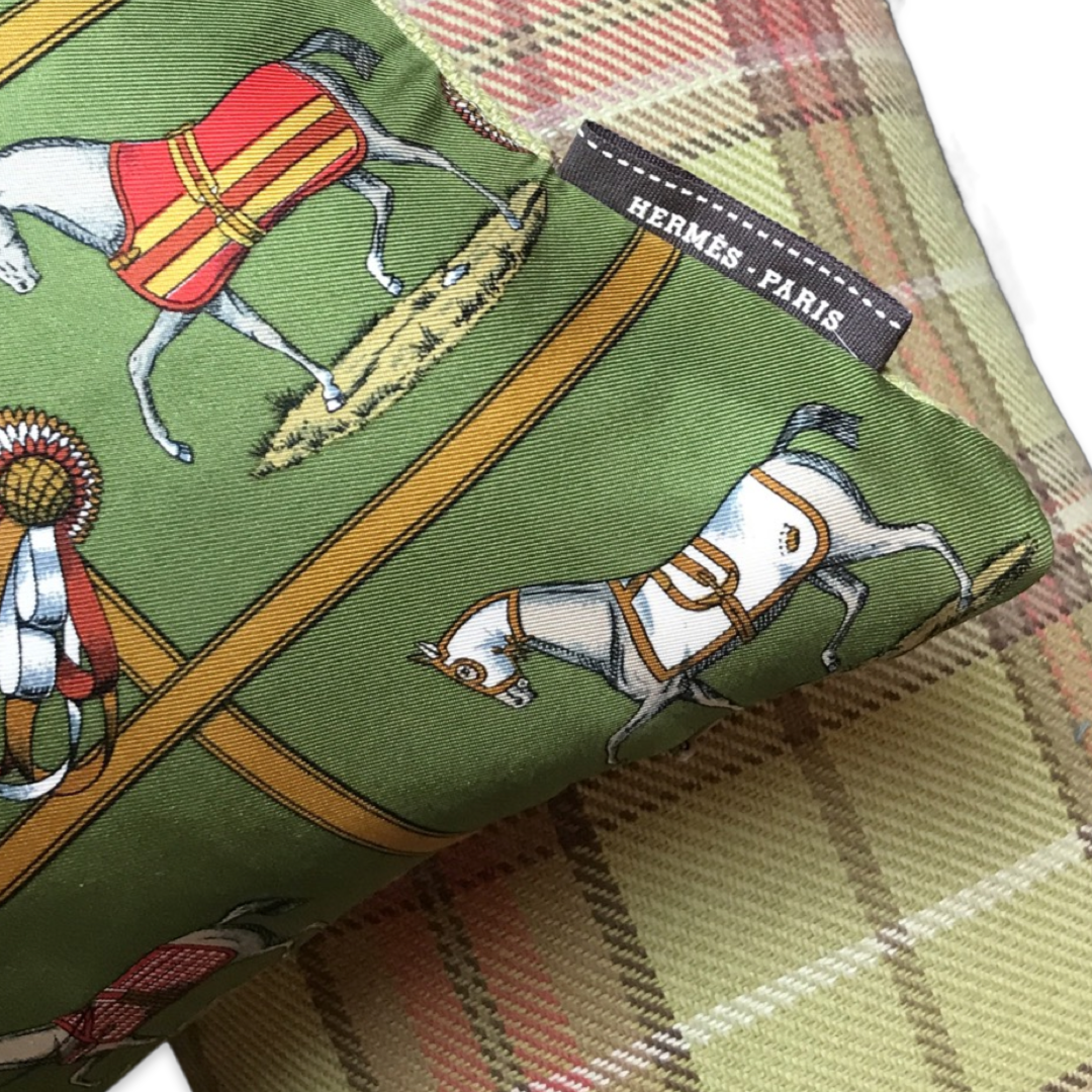Petits Chevaux Green Tartan Vintage Silk Scarf Pillows