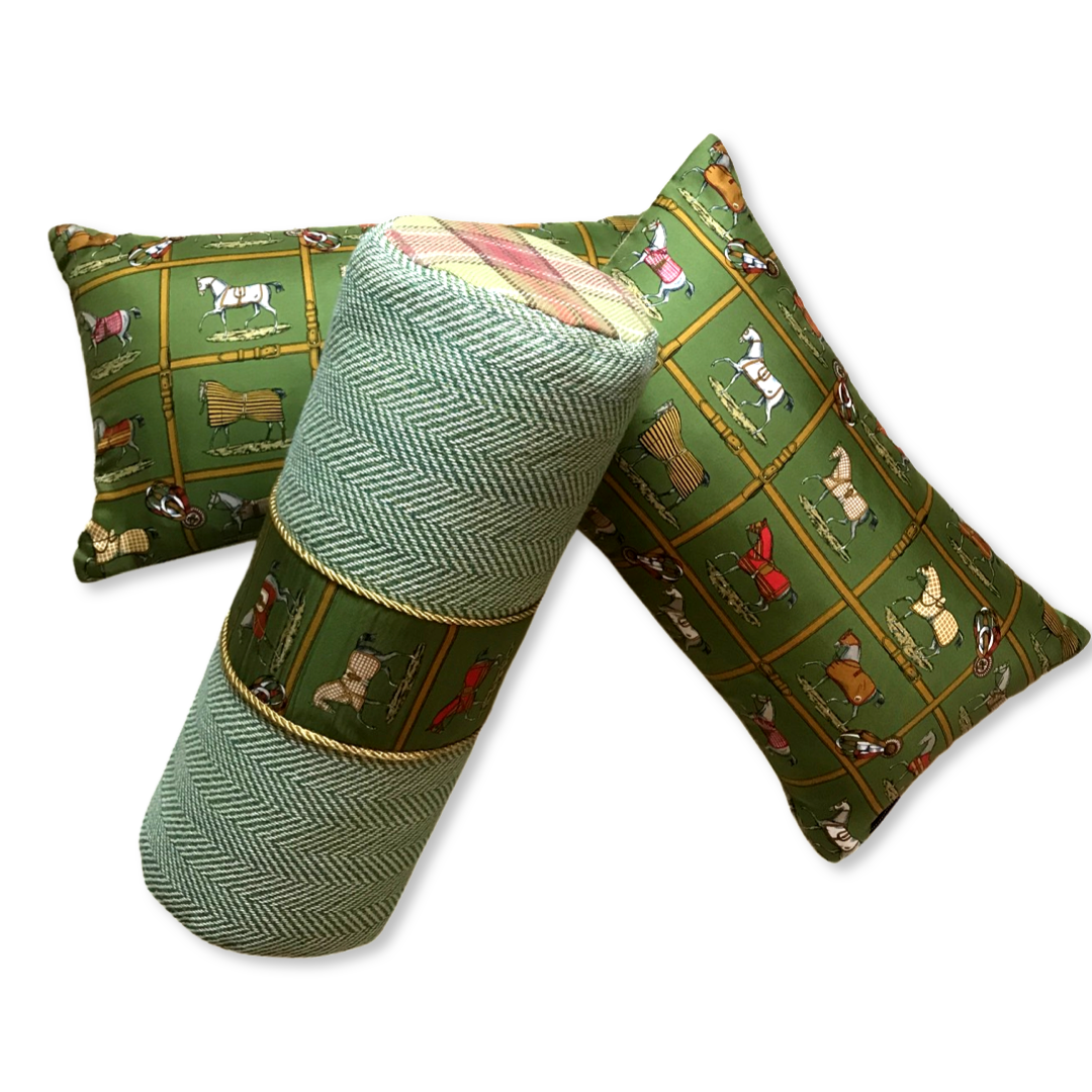 Vintage Hermes Pillow Petits Chevaux Green Tartan Vintage Silk Scarf Pillows at Vintage Luxe Up