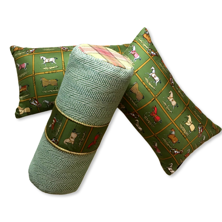 Vintage Hermes Pillow Petits Chevaux Green Tartan Vintage Silk Scarf Pillows at Vintage Luxe Up