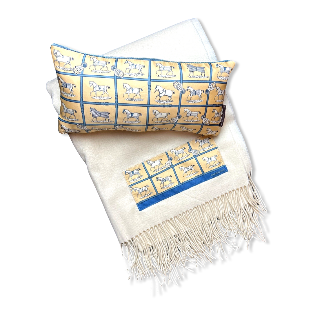 Petits Chevaux Ivory Vintage Silk Scarf Pillow