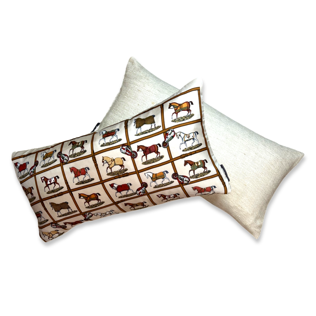 Petits Chevaux Ivory Vintage Silk Scarf Pillows
