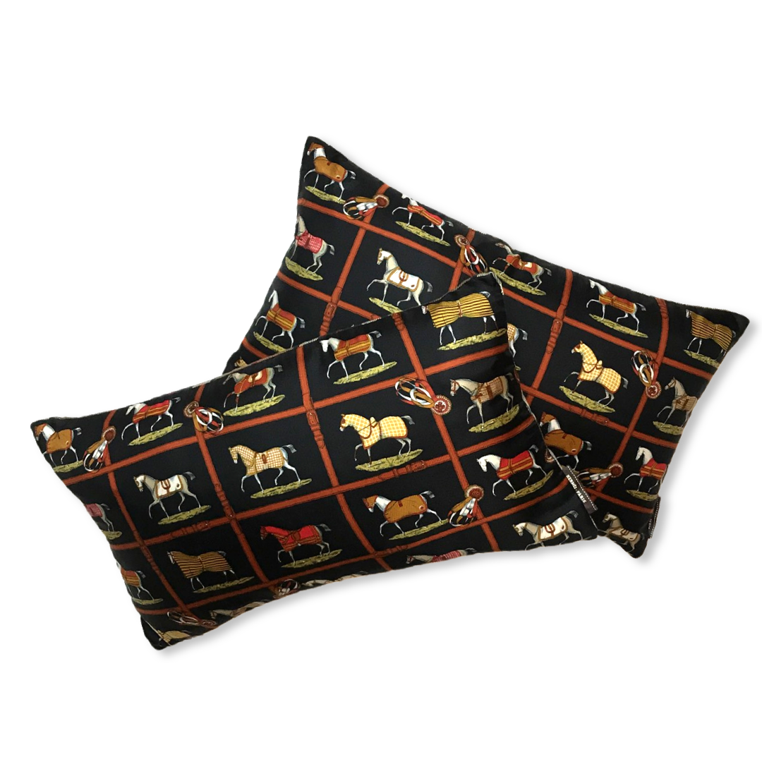 Petits Chevaux Noir Vintage Silk Scarf Pillows 20"
