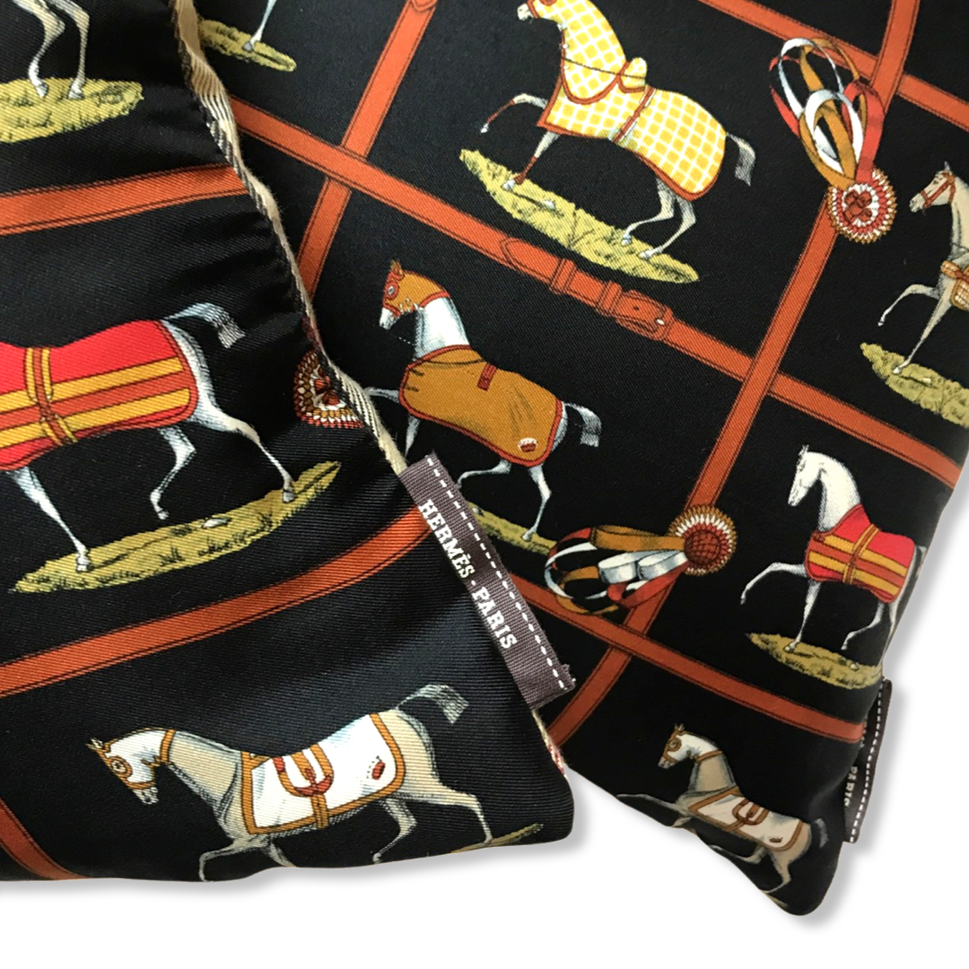 Petits Chevaux Noir Vintage Silk Scarf Pillows 20"