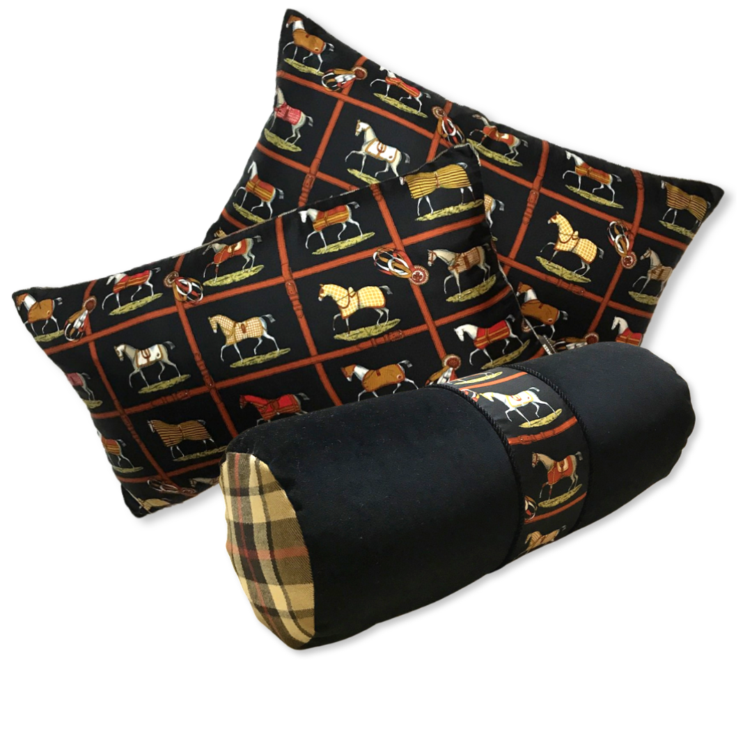 Vintage Hermes Pillow Petits Chevaux Noir Vintage Silk Scarf Pillows 20" at Vintage Luxe Up