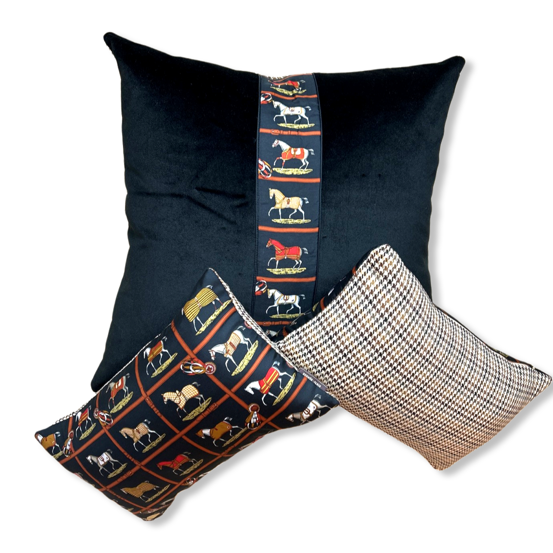 Vintage Hermes Pillow Petits Chevaux Noir Vintage Silk Scarf Pillows at Vintage Luxe Up