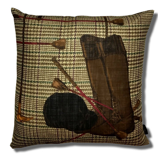 Vintage Ralph Lauren Pillow Prince of Wales Equestrian Boot Vintage Silk Scarf Pillow 27" at Vintage Luxe Up