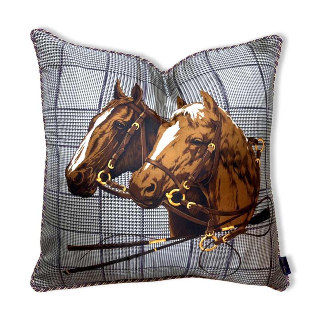 Vintage Ralph Lauren Pillow Prince of Wales Equestrian Horses Silk Scarf Pillow 24" at Vintage Luxe Up