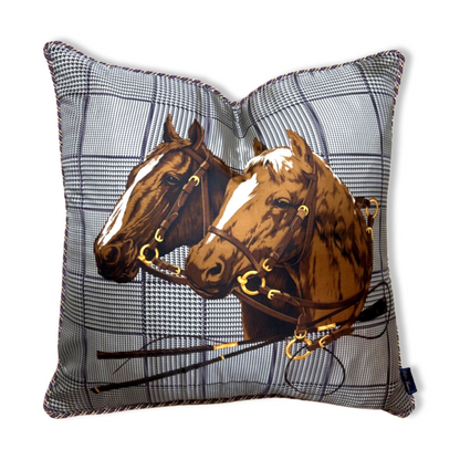 Vintage Ralph Lauren Pillow Prince of Wales Equestrian Horses Silk Scarf Pillow 24" at Vintage Luxe Up