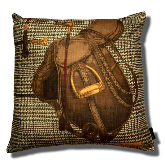 Vintage Ralph Lauren Pillow Prince of Wales Equestrian Saddle Vintage Silk Scarf Pillow 27" at Vintage Luxe Up