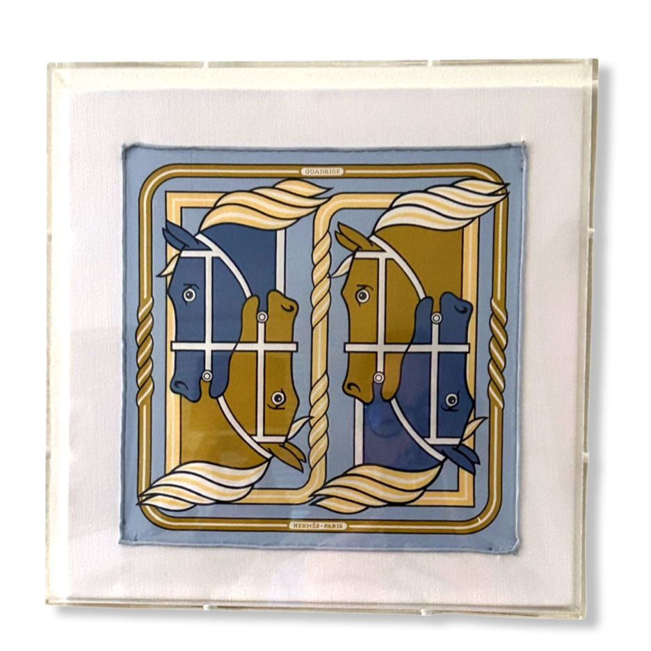 Framed Hermes Scarf Quadrige II Blue Acrylic Shadow Box Framed Vintage Silk Scarf 10" Vintage Hermes at Vintage Luxe Up