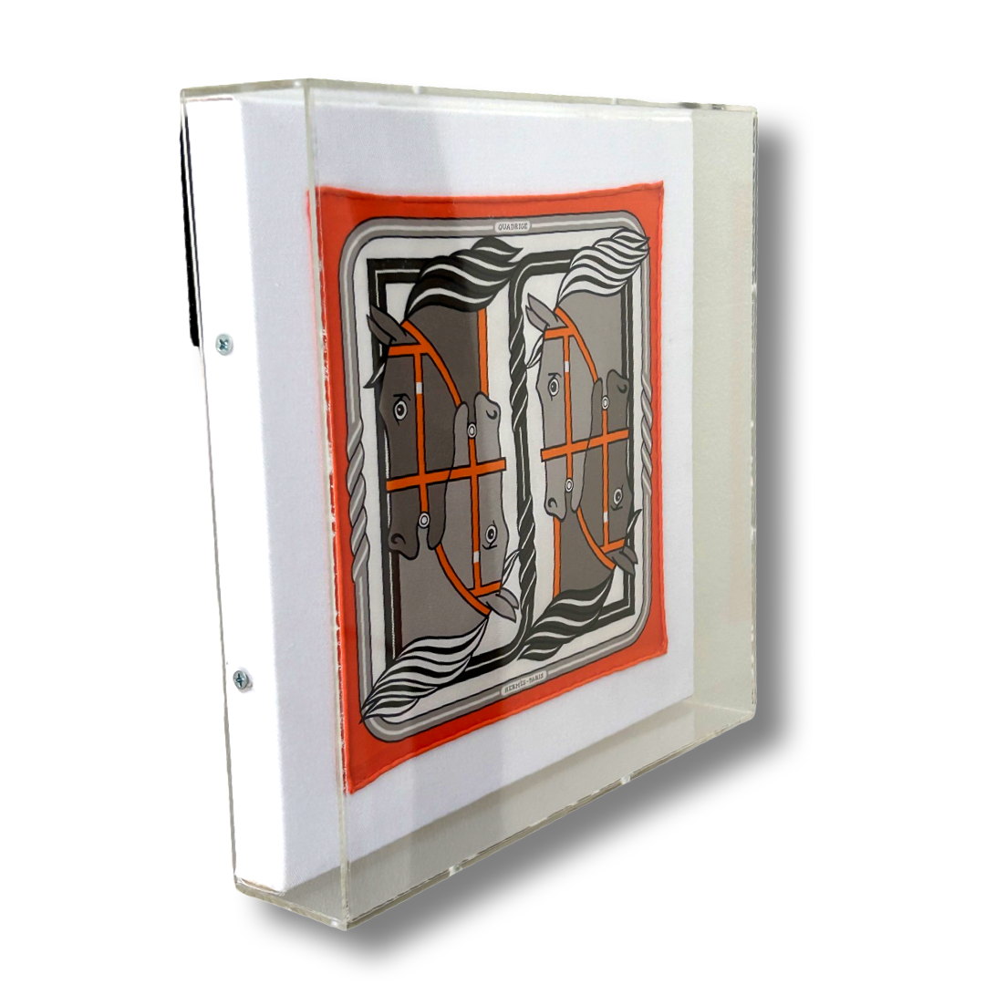 Quadrige II Orange Acrylic Shadow Box Framed Vintage Silk Scarf 10"