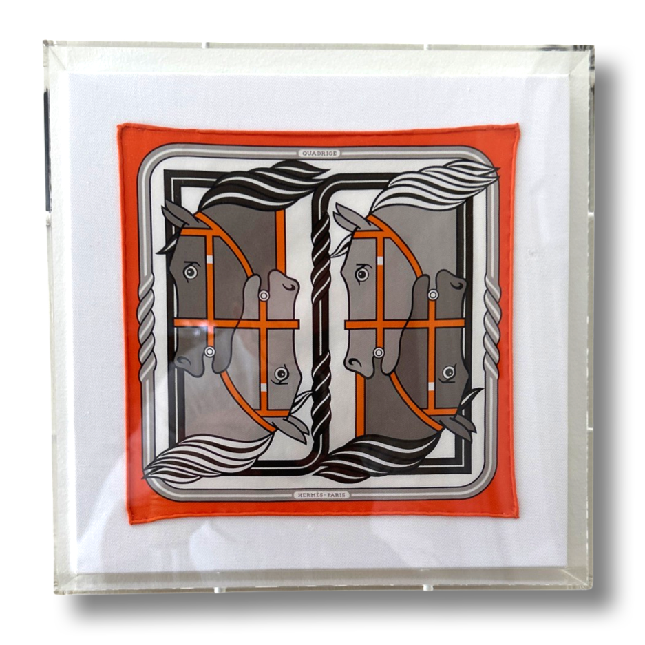 Framed Hermes Scarf Quadrige II Orange Acrylic Shadow Box Framed Vintage Silk Scarf 10" Vintage Hermes at Vintage Luxe Up